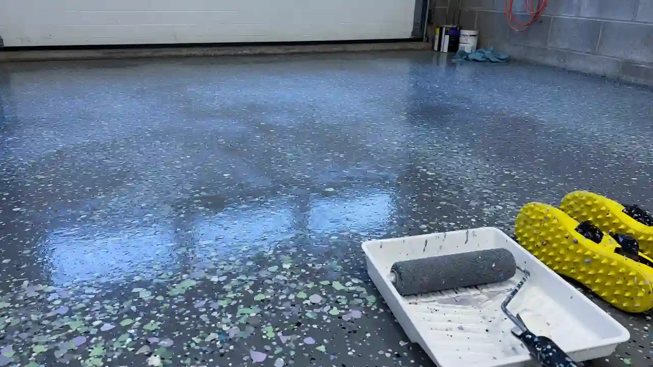 Flake epoxy coating on a garage floor